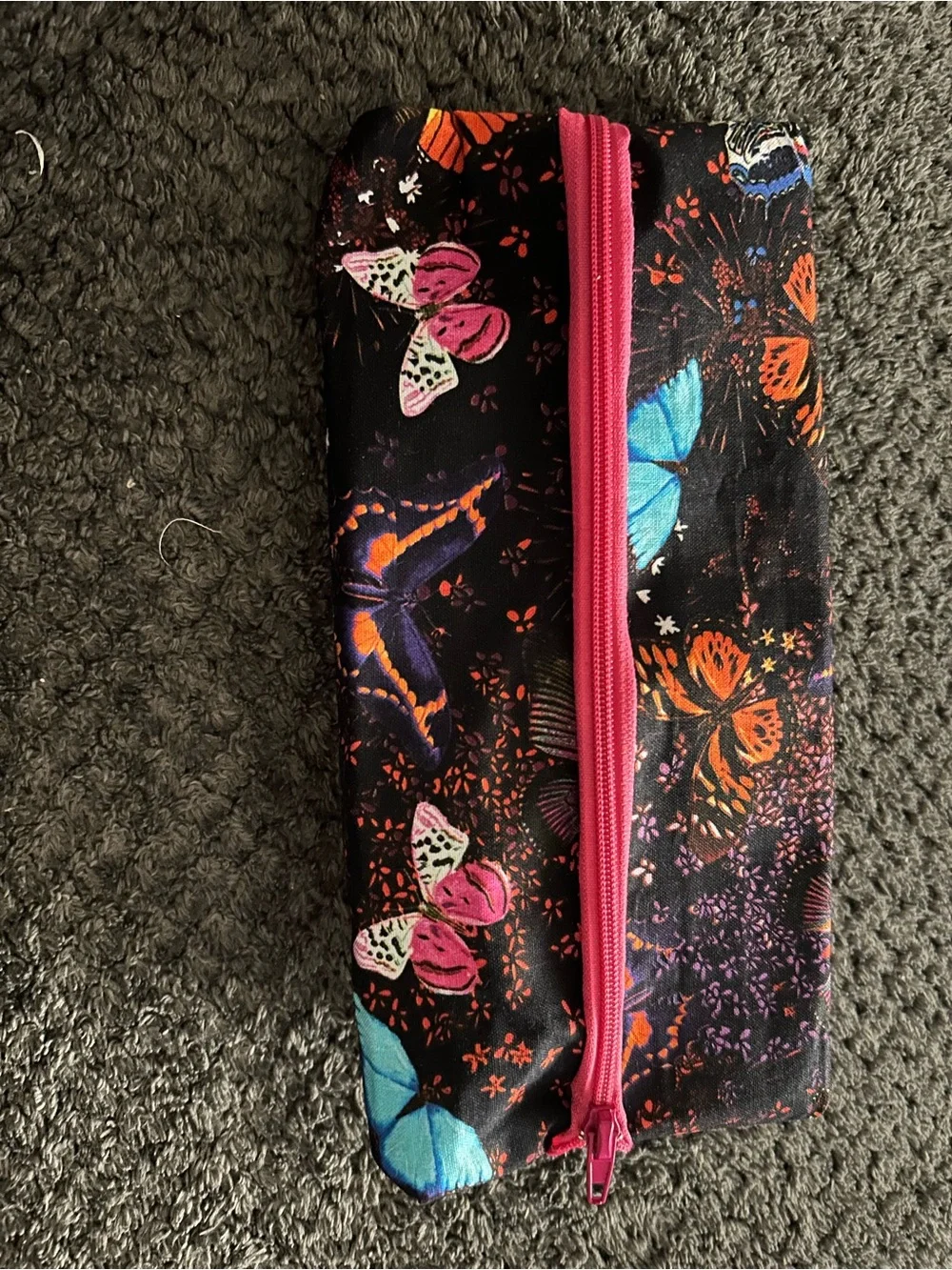 Hand Crafted Black Butterfly Pencil Case with Pink and Blue Accents